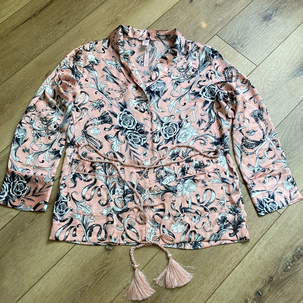 Victorias Secret Floral Pajama Shirt Robe Tassel Tie Waist Satin Button …